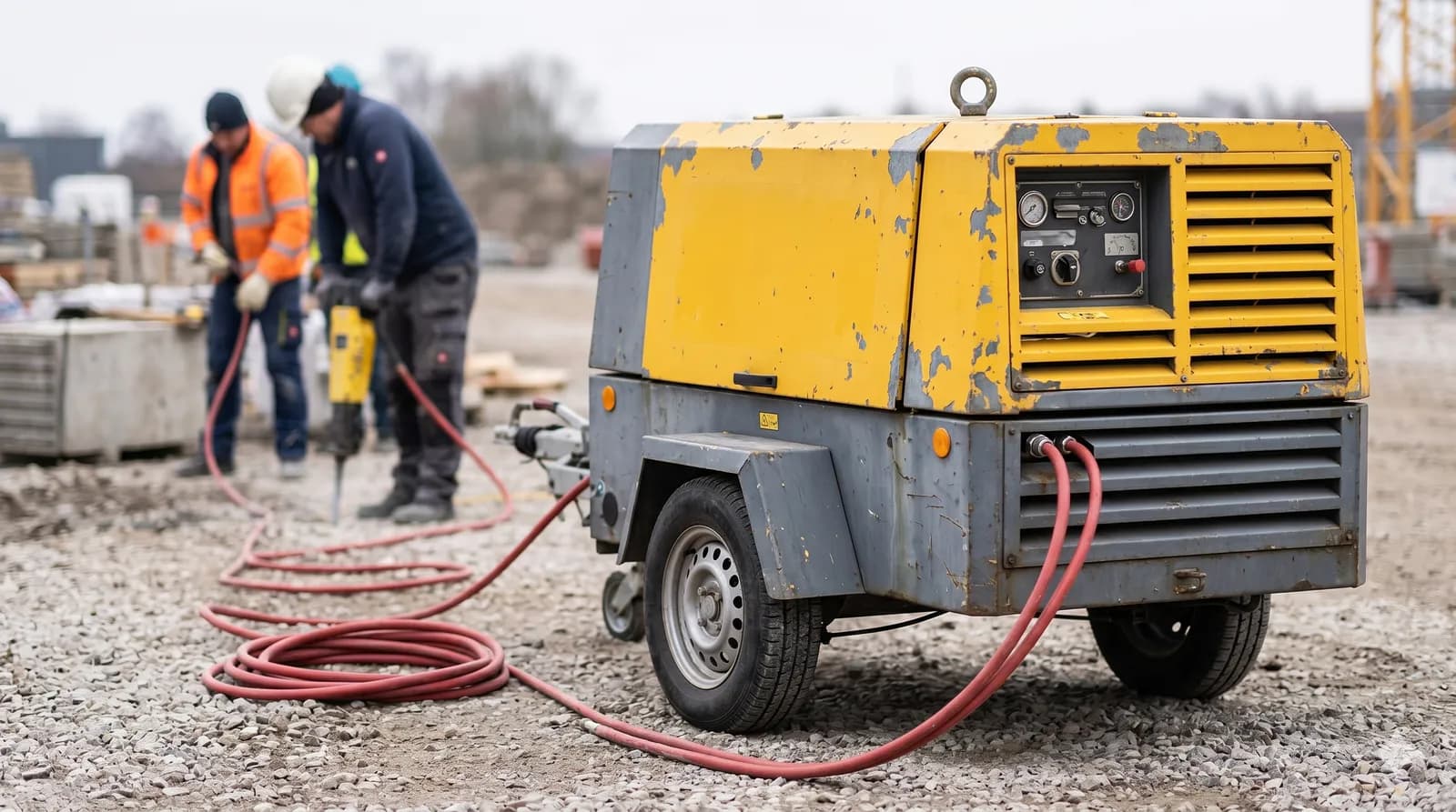 Towable diesel air compressor with hoses powering a jackhammer on site