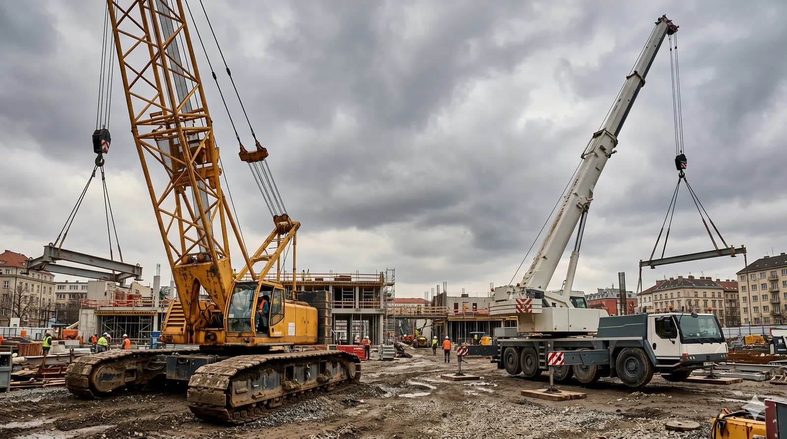 Yellow lattice-boom crawler crane and a white telescopic mobile crane lifting on a construction site