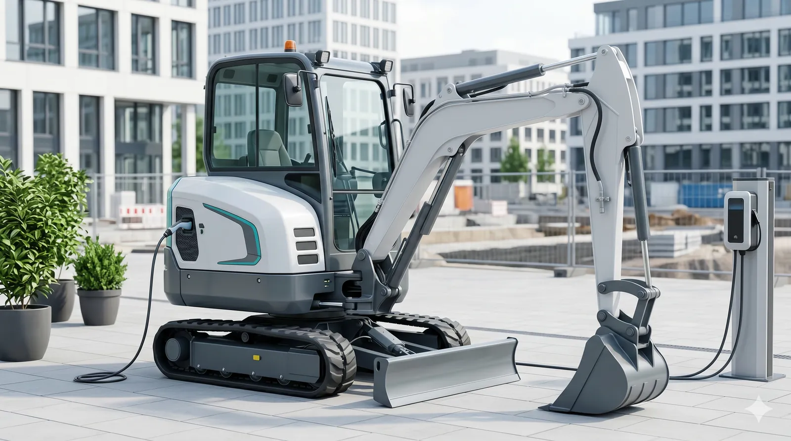 Battery-electric mini excavator charging on an urban construction site