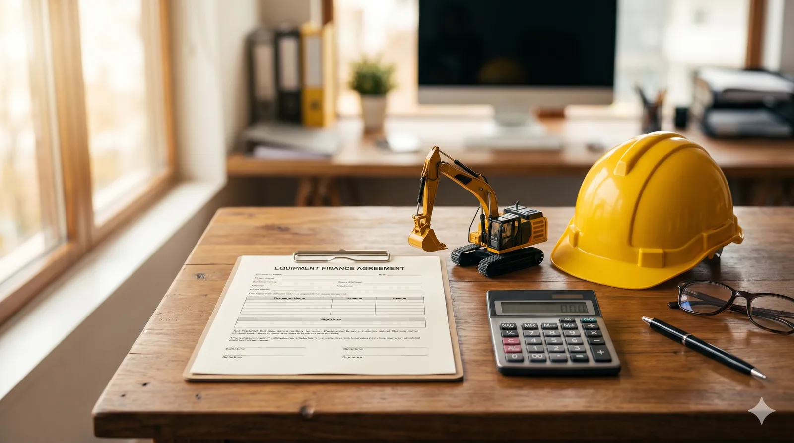 Equipment finance agreement, calculator and hard hat on a desk