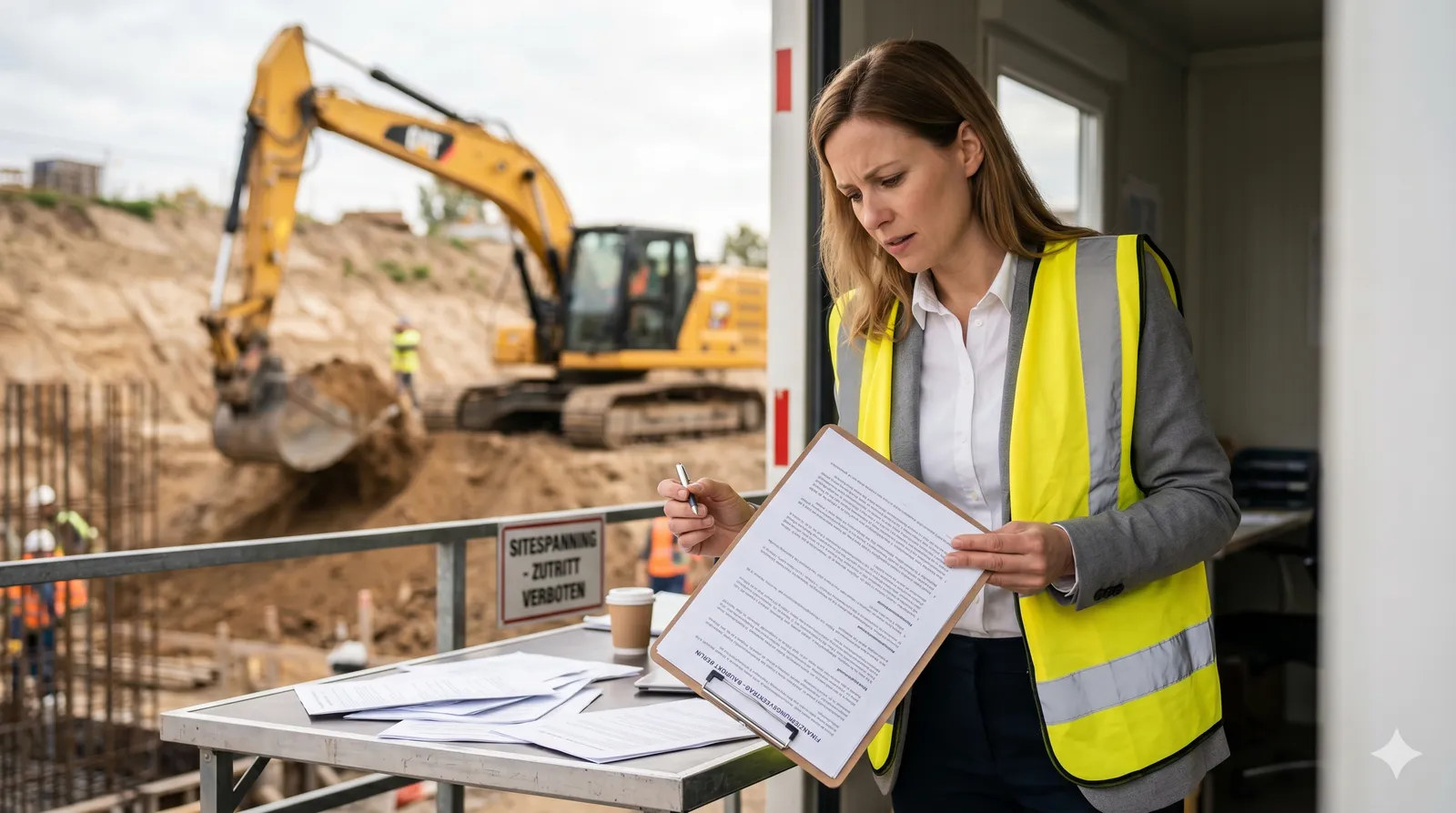 Manager reviewing an equipment finance contract at a construction site