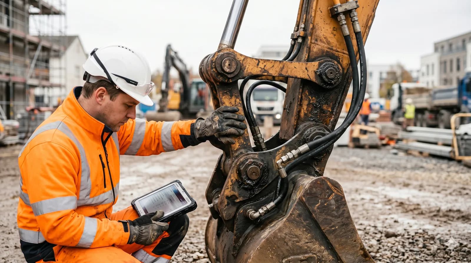 Worker in hi-vis inspecting an excavator arm with a tablet before hire