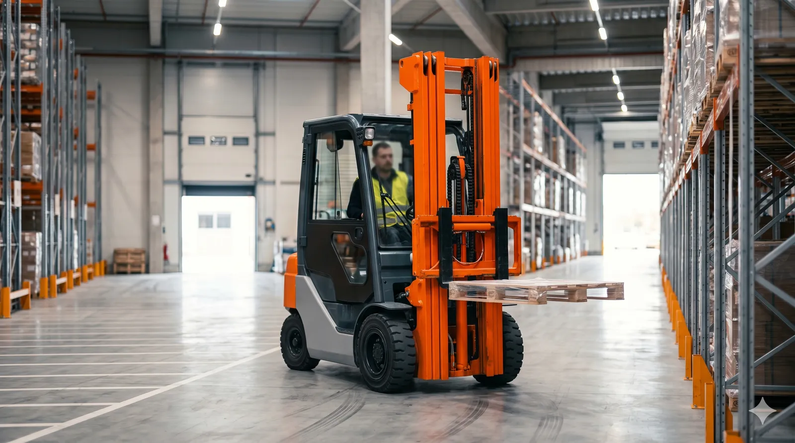 Counterbalance forklift lifting a pallet in a warehouse aisle