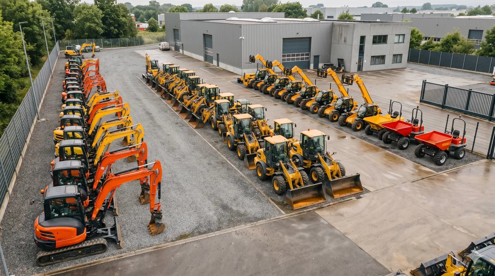 Rows of excavators and loaders parked in an equipment rental yard