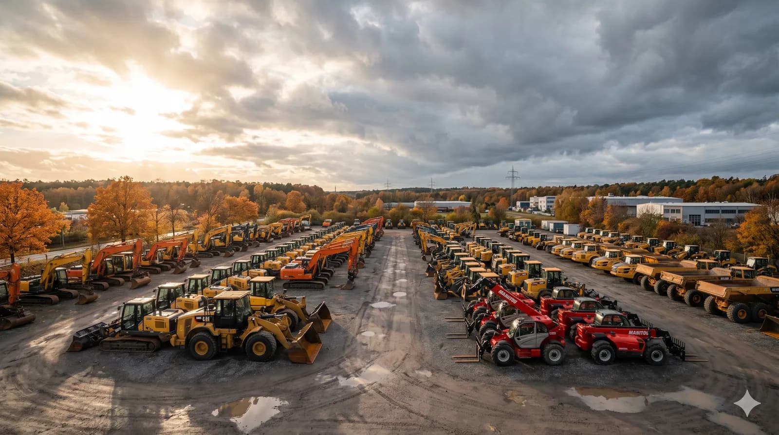Mixed fleet of construction machines in a depot yard under an autumn sky