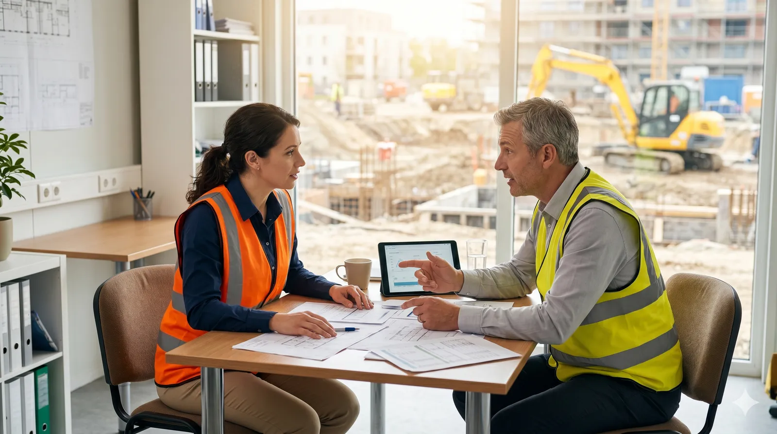 Two people reviewing leasing documents on a tablet in a site office
