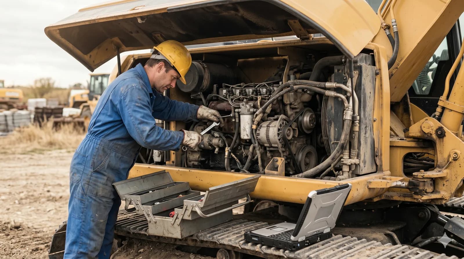 Technician servicing the engine of a construction machine to reduce downtime