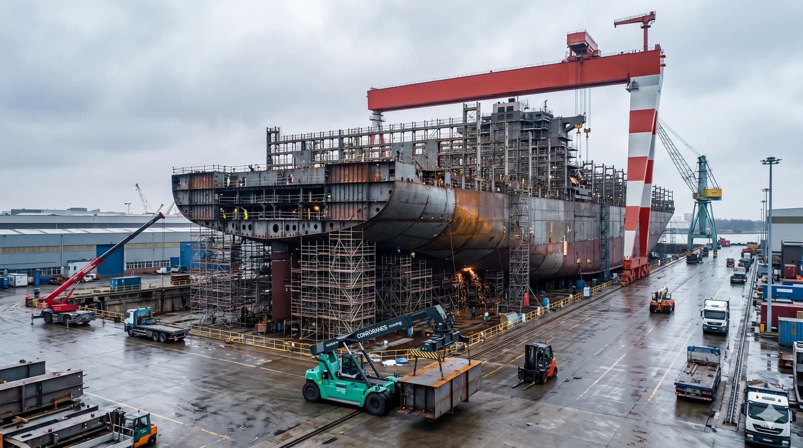 Ship hull under construction in a shipyard with a gantry crane and reach stacker