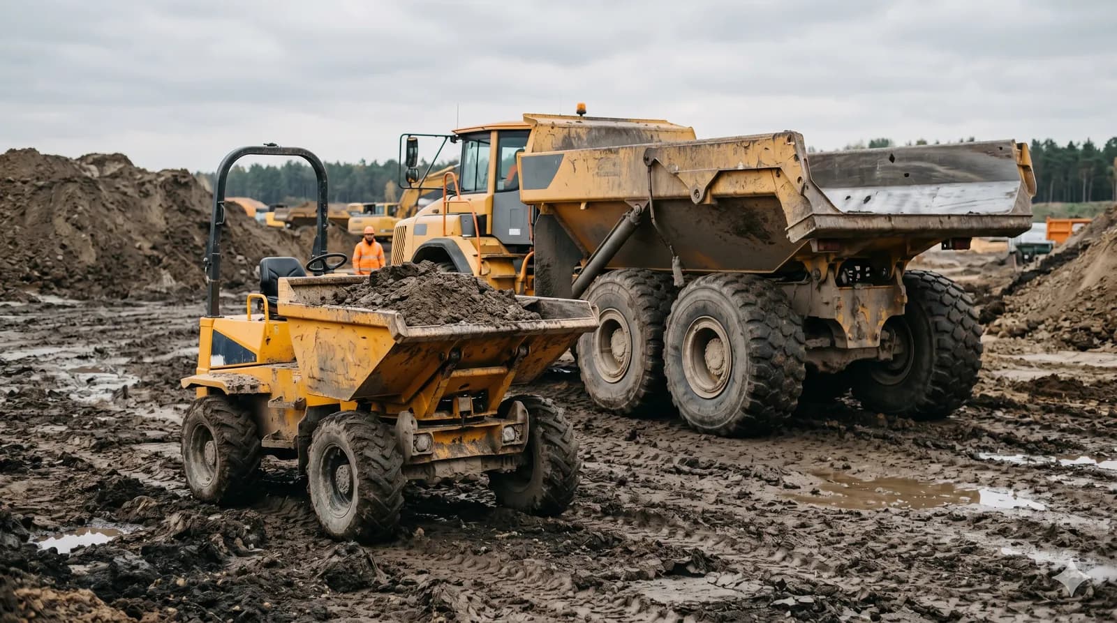 Compact site dumper beside a large articulated dump truck on muddy earthworks