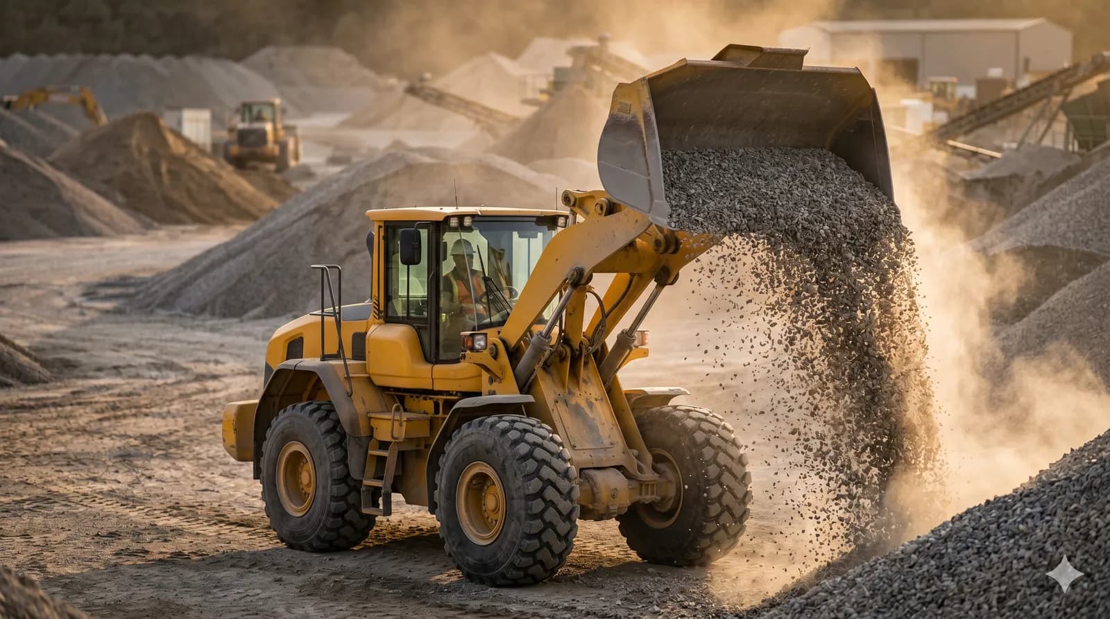 Wheel loader pouring crushed gravel from its bucket at a quarry